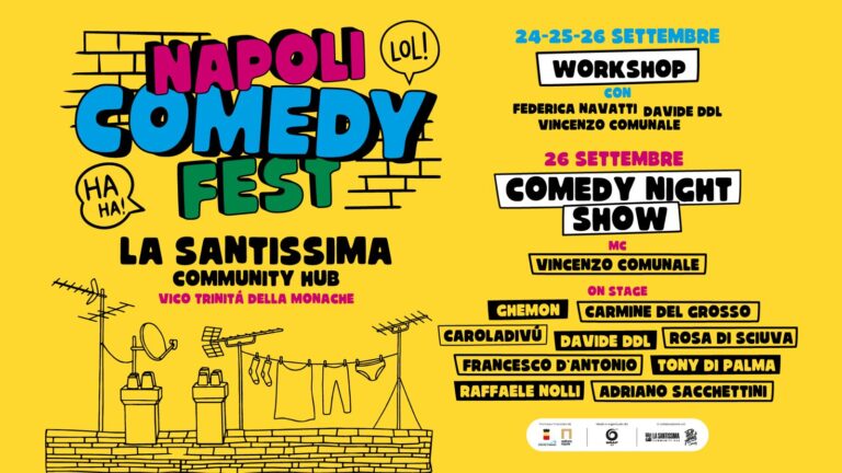 NAPOLI RIDE FUORI DAGLI SCHEMI NASCE NAPOLI COMEDY FEST Il 26 settembre 2026 La Santissima Community Hub ospita la nuova comicità contemporanea con Vincenzo Comunale, Carmine Del Grosso, Ghemon, Caroladivù, Tony Di Palma, il collettivo Allert’ Comedy, Rosa Di Sciuva e Francesco D’Antonio per una serata fuori dagli schemi che abbatte la quarta parete e porta il pubblico dentro lo spettacolo.