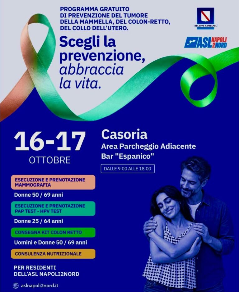 Prevenzione oncologica gratuita a Casoria il 16 e 17 ottobre: aperta anche ai cittadini di Casavatore, Arzano, Casandrino,. Grumo Nevano…