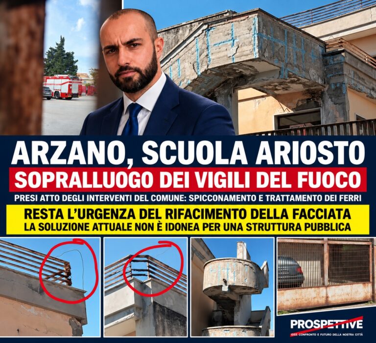 ARZANO, SOPRALLUOGO DEI VIGILI DEL FUOCO ALLA SCUOLA ARIOSTO. RESTA IL NODO DEL RIFACIMENTO DELLA FACCIATA
